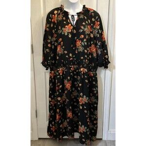 Terra & Sky Black Red Floral Maxi Dress Plus Size 5X 3/4 Sleeve Keyhole Tie Neck